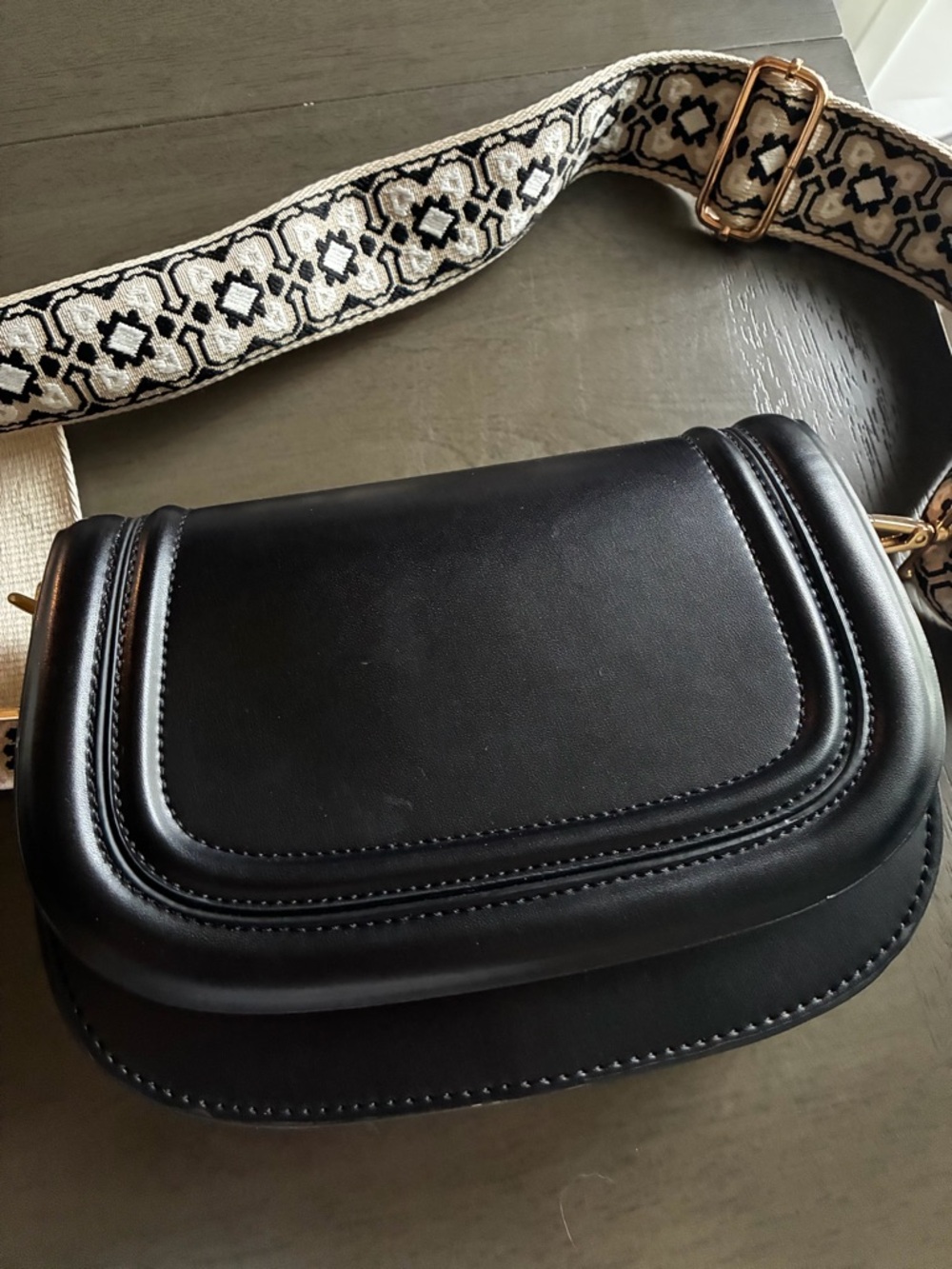 Zara Black Leather Monogram Crossbody Bag with Patterned Adjustable Strap